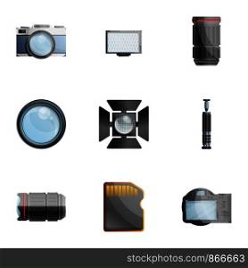 Photographer tools icon set. Cartoon set of 9 photographer tools vector icons for web design isolated on white background. Photographer tools icon set, cartoon style