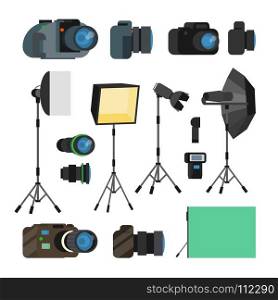 Photographer Tools Set Vector. Photography Objects. Photo Equipment Design Elements, Accessories. Modern Digital Cameras, Tools For Professional Studio Photography. Isolated Flat Cartoon Illustration. Photographer Tools Set Vector. Photography Objects. Photo Equipment Design Elements, Accessories. Modern Digital Cameras, Tools For Professional Studio Photography. Isolated Flat Illustration