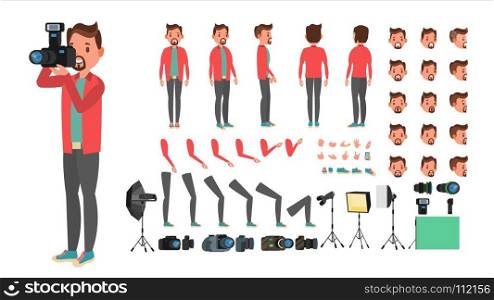 Photographer Vector. Taking Pictures. Animated Man Character Creation Set. Full Length, Front, Side, Back View, Accessories, Poses, Face Emotions, Gestures. Isolated Flat Cartoon Illustration. Photographer Vector. Taking Pictures. Animated Man Character Creation Set. Full Length, Front, Side, Back View. Isolated Flat Cartoon Illustration