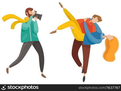 Photographer with camera shooting happy couple outdoor, leisure symbol. Man and woman embracing in casual clothes walking in autumn park. Male and female posing for romantic photography vector. Romantic Shooting of Lovers in Autumn Park Vector
