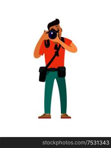 Photographer with digital camera taking photo. Man making picture, carrying case on belt and bag of spare lenses cartoon vector illustration isolated.. Photographer with Digital Camera Taking Photo