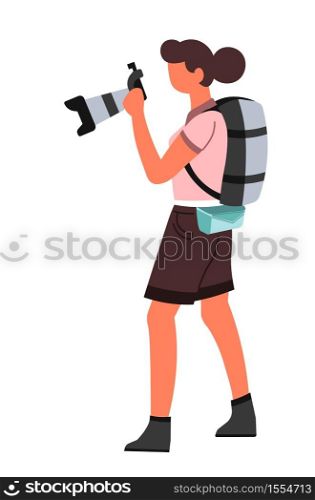 Photographer with digital photo camera and backpack vector isolated female character shooting or photographing photography and shots focus and composition journalist professional work creative hobby. Digital photo camera woman photographer with backpack isolated character