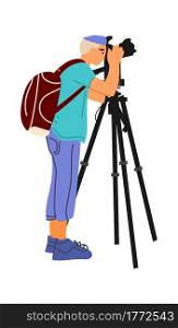 Photographer with professional camera. Cartoon man shooting photographs. Isolated young male taking pictures. Paparazzi character photographing using tripod. Vector hobby or photo correspondent career. Photographer with professional camera. Cartoon man shooting photographs. Young male taking pictures. Paparazzi photographing using tripod. Vector hobby or photo correspondent career