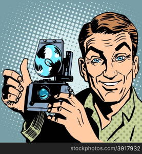 Photographer with retro camera hand gesture all is well. Photographer with retro camera hand gesture all is well. Reportage journalist blogger