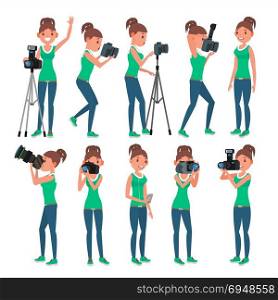 Photographer Woman Vector. hotographer Making Photos. Digital Camera And Professional Photo Equipment. Girl Taking Pictures. Isolated On White Cartoon Character Illustration. Photographer Female Vector. Modern Camera. Posing. Girl Full Length Taking Photos. Photojournalist, Tourist Design. Flat Cartoon Illustration