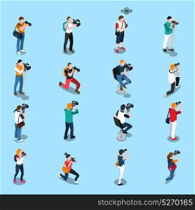 Photographers And Cameramen Isometric Set. Isometric set with photographers and cameramen in various poses with equipment on blue background isolated vector illustration