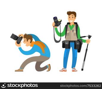 Photographers making picture with cameras and equipment for photo or tripod. Man carrying backpack, guy taking bottom angle vector illustrations.. Photographers with Photo Cameras and Tripod set