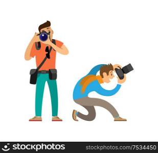 Photographers making picture with modern cameras. Man carrying case for device and bag, guy taking bottom angle to create photo vector illustrations.. Photographers with Modern Digital Photo Cameras