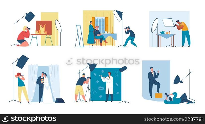 Photographers taking photos of model in studio, wedding photoshoot. Professional photographer with camera, product photography vector set. Illustration of studio camera professional. Photographers taking photos of model in studio, wedding photoshoot. Professional photographer with camera, product photography vector set