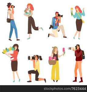 Photographers taking photos of women with flower bouquets using professional equipment set. People with cameras making pictures vector illustration. Photographers Taking Photoes of Women with Flowers