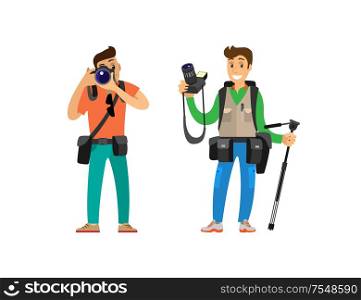 Photographers taking picture with photo equipment. Photojournalist and reporter carrying bag or backpack, tripod for camera vector illustrations set.. Photographers Taking Picture with Photo Equipment