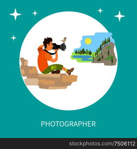 Photographers taking picture with photo equipment. Photojournalist and reporter sitting on stones making photo of mountain landscape vector circle frame. Photographers Taking Picture with Photo Equipment
