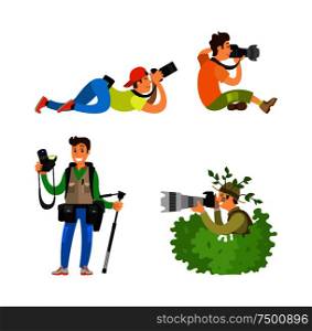 Photographers with cameras and photo equipment. Modern devices for taking picture, photojournalists or reporters, tripod in bush vector illustrations.. Photographers with Cameras and Photo Equipment