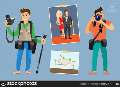Photographers with digital cameras or photo equipment. Guy holding tripod, setting lens, celebrities couple, still life picture vector illustration.. Photographers with Cameras and Photographers Set
