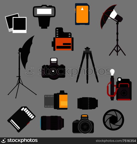 Photographic equipment and devices flat icons with modern digital and retro camera, lens and shutter, memory cards and film rolls, flash and instant films, tripod and lighting umbrella . Photographic equipment and devices flat icons