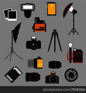 Photographic equipment and devices flat icons with modern digital and retro camera, lens and shutter, memory cards and film rolls, flash and instant films, tripod and lighting umbrella . Photographic equipment and devices flat icons