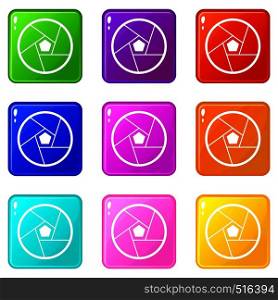 Photographic lens icons of 9 color set isolated vector illustration. Photographic lens set 9