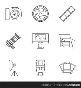 Photographing icons set. Outline illustration of 9 photographing vector icons for web. Photographing icons set, outline style