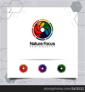 Photography and photo logo design with concept of leaf icon and camera lens vector for photographer, studio photo, and nature photography.
