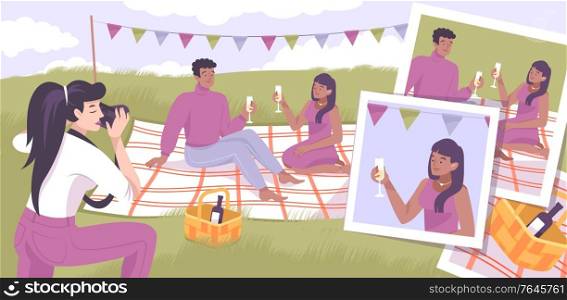 Photography background with love story photo symbols flat vector illustration