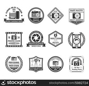 Photography Black White Emblems Set . Photography black white emblems set with photo clubs and studios symbols flat isolated vector illustration