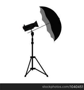 Photography camera umbrella vector equipment illustration icon. Digital flash photo light studio tripod card isolated lens. Symbol film professional technology spotlight reflector lamp shot. Tool box