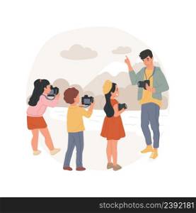 Photography class isolated cartoon vector illustration. Art after school class, photography summer camp, PA day program, imagination development, child making picture, education vector cartoon.. Photography class isolated cartoon vector illustration.