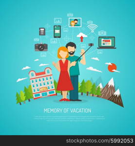 Photography concept flat. Photography concept with people on vacation making selfie flat vector illustration