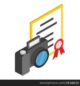 Photography concept icon isometric vector. Photo camera and document with seal. Photography competition, hobby. Photography concept icon isometric vector. Photo camera and document with seal