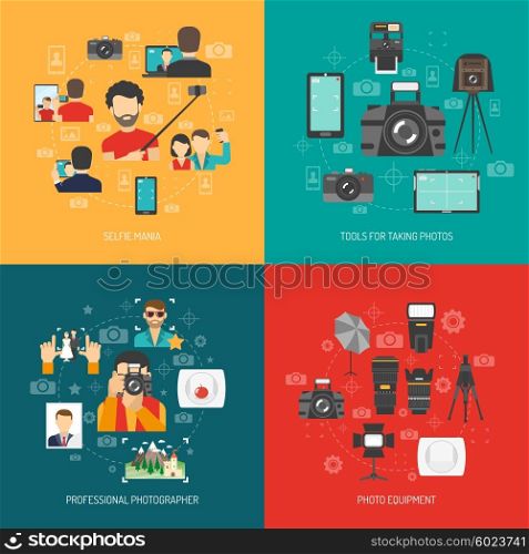 Photography concept set. Photography design concept set with professional photo equipment and selfie flat icons isolated vector illustration