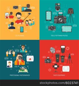 Photography concept set. Photography design concept set with professional photo equipment and selfie flat icons isolated vector illustration