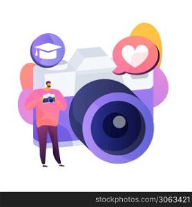 Photography course. Journalist, photographer, paparazzi. Male cartoon character taking photos on camera. Creative occupation, artistic profession. Vector isolated concept metaphor illustration.. Photography course vector concept metaphor.