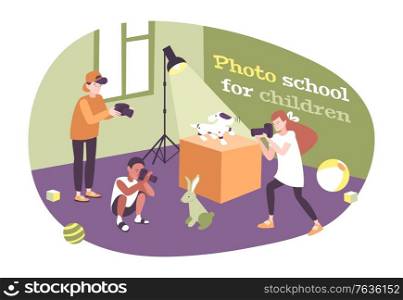 Photography education kid flat composition with indoor view of photo class with children cameras and text vector illustration