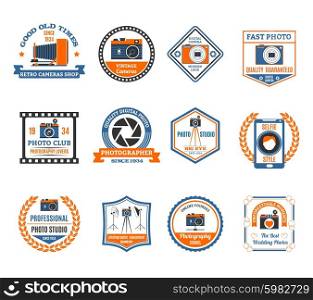 Photography Emblems Set . Photography emblems set with retro and modern cameras flat isolated vector illustration