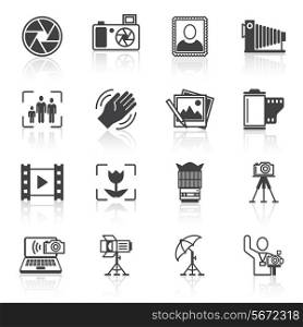 Photography equipment camera photo icons black isolated vector illustration