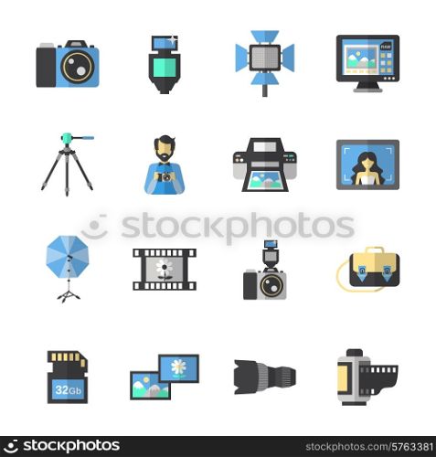 Photography equipment icons flat set with digital camera and editing soft isolated vector illustration. Photography Icons Flat
