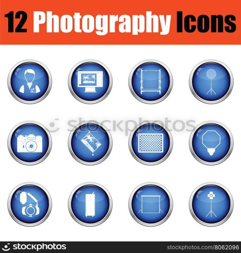 Photography icon set. Glossy button design. Vector illustration.