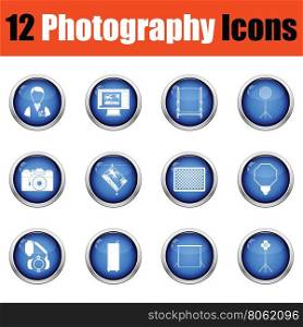 Photography icon set. Glossy button design. Vector illustration.
