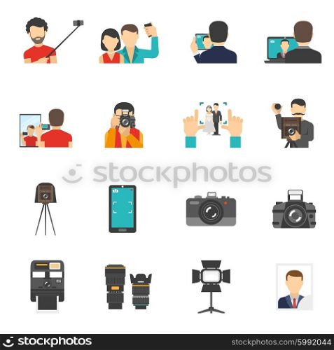 Photography Icons Set. Photography flat icons set with photo camera equipment and people making selfie isolated vector illustration