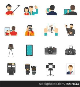 Photography Icons Set. Photography flat icons set with photo camera equipment and people making selfie isolated vector illustration