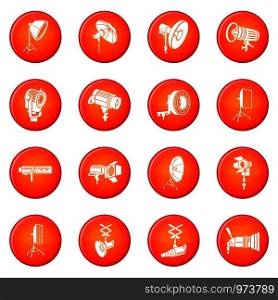 Photography icons set vector red circle isolated on white background . Photography icons set red vector
