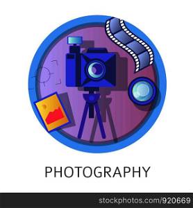 Photography studies, subject at school, university discipline class vector. Lessons on obtaining knowledge concerning cameras and filming, tapes and pictures. Photographers creative courses icon. Photography studies, subject at school, university discipline class