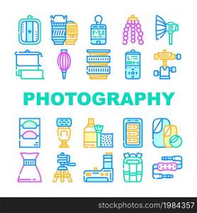 Photography Tool And Accessory Icons Set Vector. Photo Camera Lenses And Light Filters, Flexible Tripod And Background For Make Quality Photography Line. Battery Pack And Bag Color Illustrations. Photography Tool And Accessory Icons Set Vector