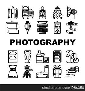 Photography Tool And Accessory Icons Set Vector. Photo Camera Lenses And Light Filters, Flexible Tripod And Background For Make Quality Photography. Battery Pack And Bag Black Contour Illustrations. Photography Tool And Accessory Icons Set Vector