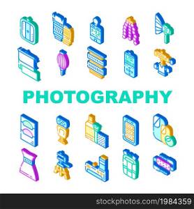 Photography Tool And Accessory Icons Set Vector. Photo Camera Lenses And Light Filters, Flexible Tripod And Background For Make Quality Photography. Battery Pack Bag Isometric Sign Color Illustrations. Photography Tool And Accessory Icons Set Vector