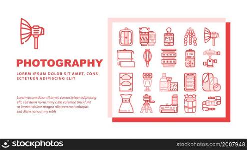 Photography Tool And Accessory Landing Web Page Header Banner Template Vector Photo Camera Lenses And Light Filters, Flexible Tripod And Background For Make Quality Photography Illustration. Photography Tool And Accessory Landing Header Vector