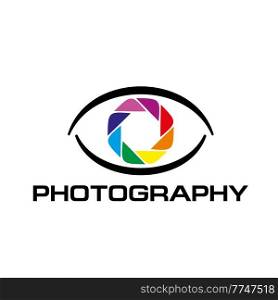 Photography vector icon of human eye with diaphragm of camera lens shutter. Photo or photographer studio isolated symbol and icon design. Photography vector icon, eye and camera diaphragm