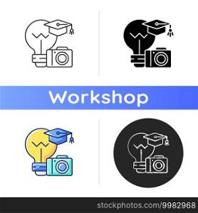 Photography workshop icon. Practical lesson in photography. Performing skill improvement exercises. Photo school lessons. Linear black and RGB color styles. Isolated vector illustrations. Photography workshop icon