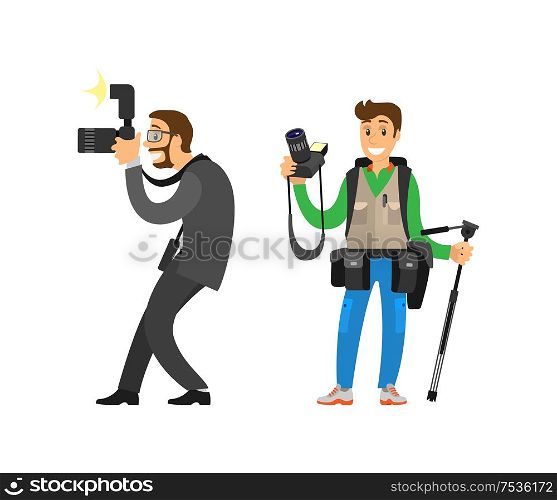 Photojournalist and reporter carrying bag or backpack, tripod for camera vector illustrations set. Photographers taking picture with photo equipment.. Photojournalist and Reporter Carrying Bag or Backpack