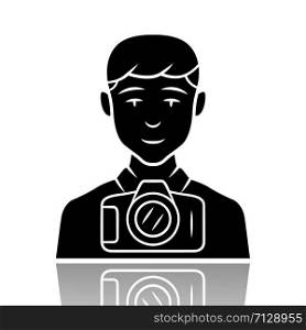 Photojournalist drop shadow black glyph icon. Photographer, paparazzi. Making snapshot. Professional media reporter, correspondent. Journalist taking picture. Isolated vector illustration